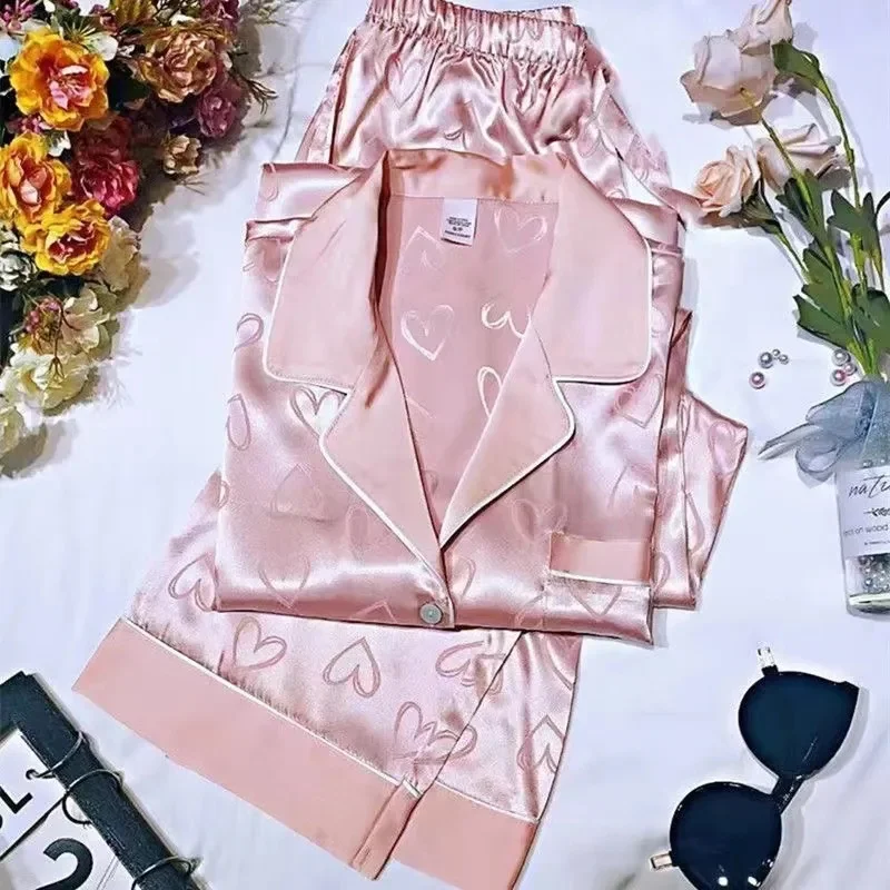 Sweet Ladies Ice Silk Pajamas 2PCS Advanced Feeling Female Fashion Silk Home Clothing Summer Women Long Sleeves Printing Suit