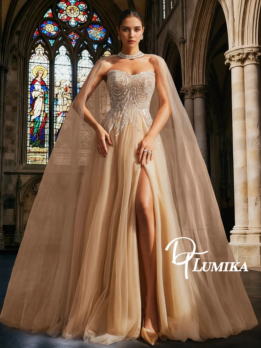

Light Champagne Ethereal Tulle Shiny Evening Dress Charming A Line Sequined Customized Prom Gown With Cape Lace Up Back