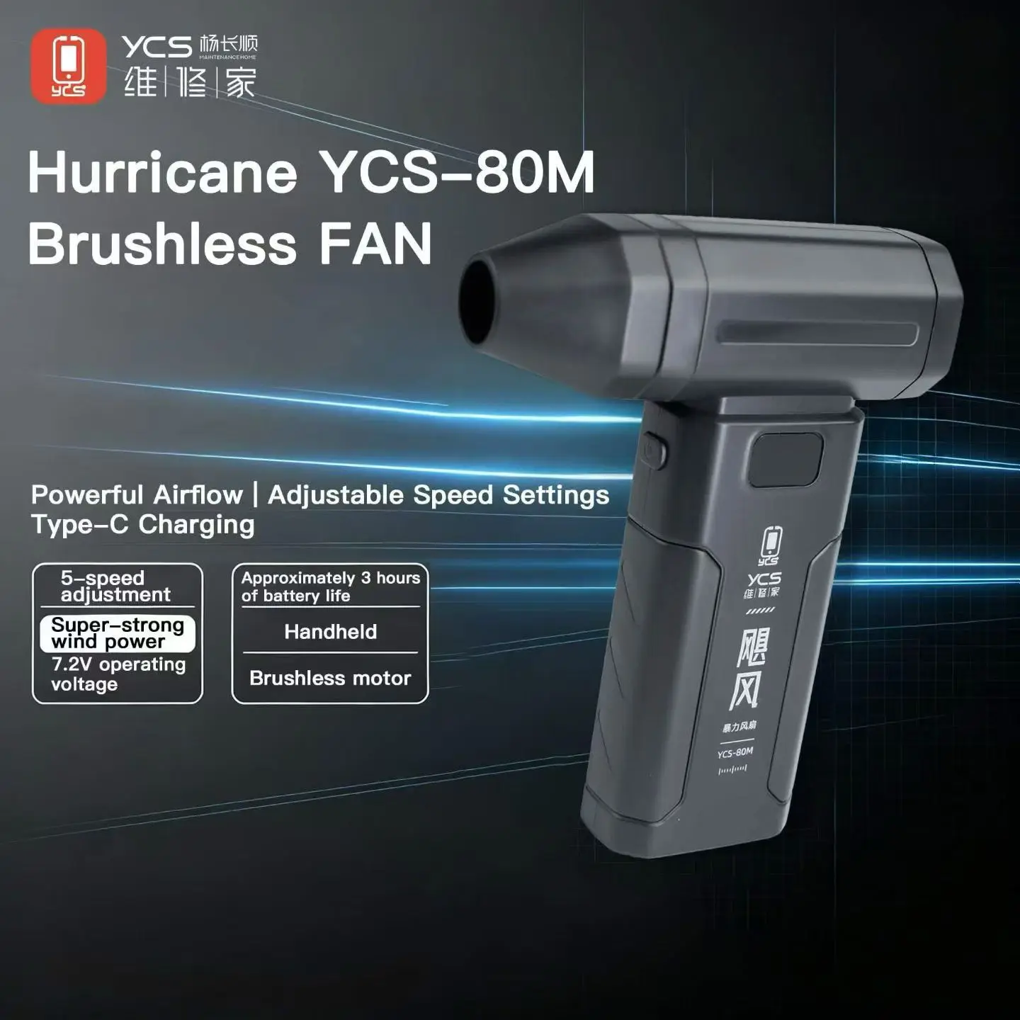YCS-80M Portable Electric Air Blower 5 Speed Brushless Fan Type C Rechargeable Dust Cleaner for Keyboards Computers and Crevices