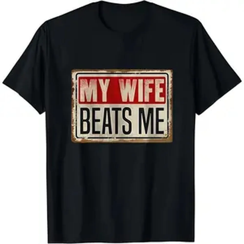 Cotton Short Sleeve T-Shirt Funny My Wife Beats Me Shirt, American Flag Husband and Wife Shirts, Husband Shirt for Men, Father's Day Gift, Menswear Classic Casual Fabric