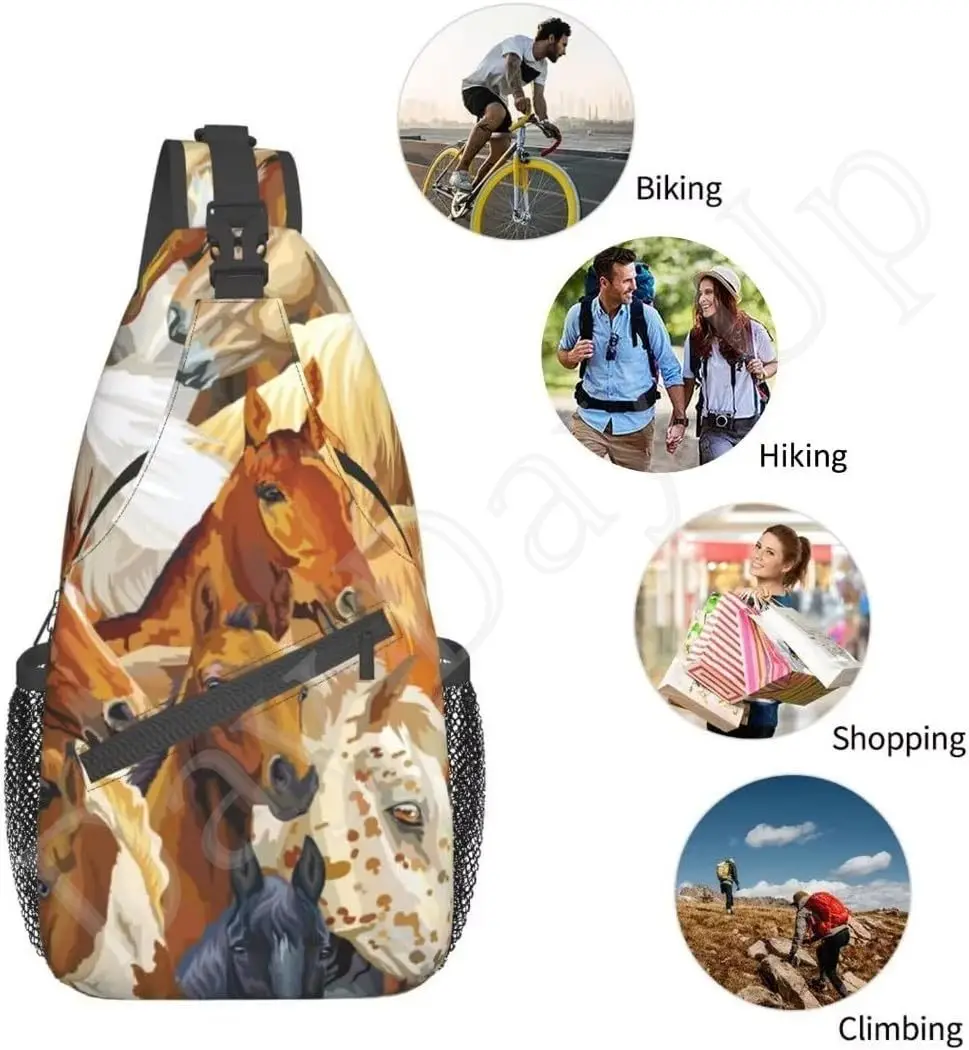 Mochila cruzada con estampado de caballo para hombre y mujer, bolso de pecho con fondo colorido, ajustable, informal, de día