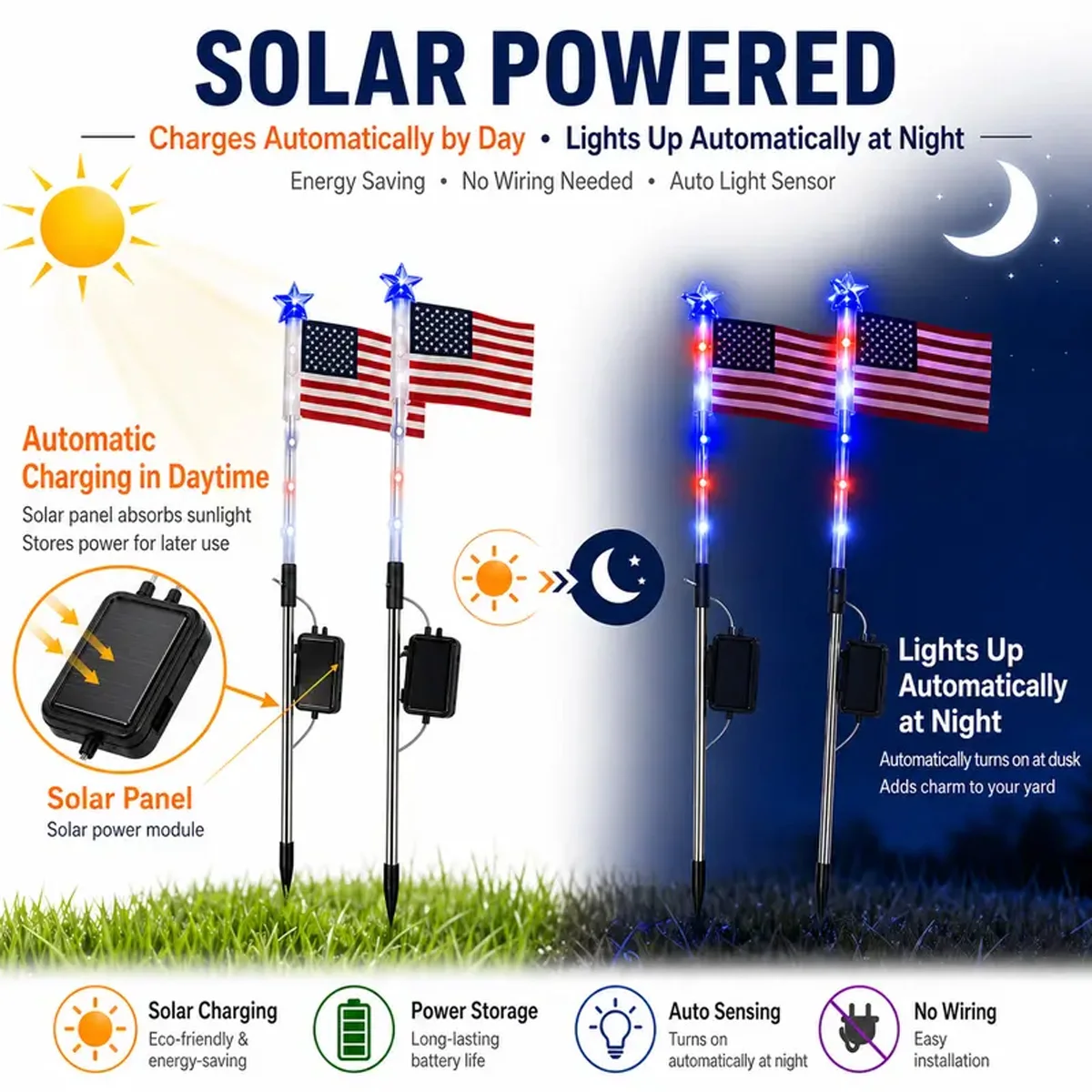 8Pcs Solar LED Garden Decoration Light American Flag Lawn Lamp for 4th of July Independence Day Outdoor Yard Ornament Waterproof