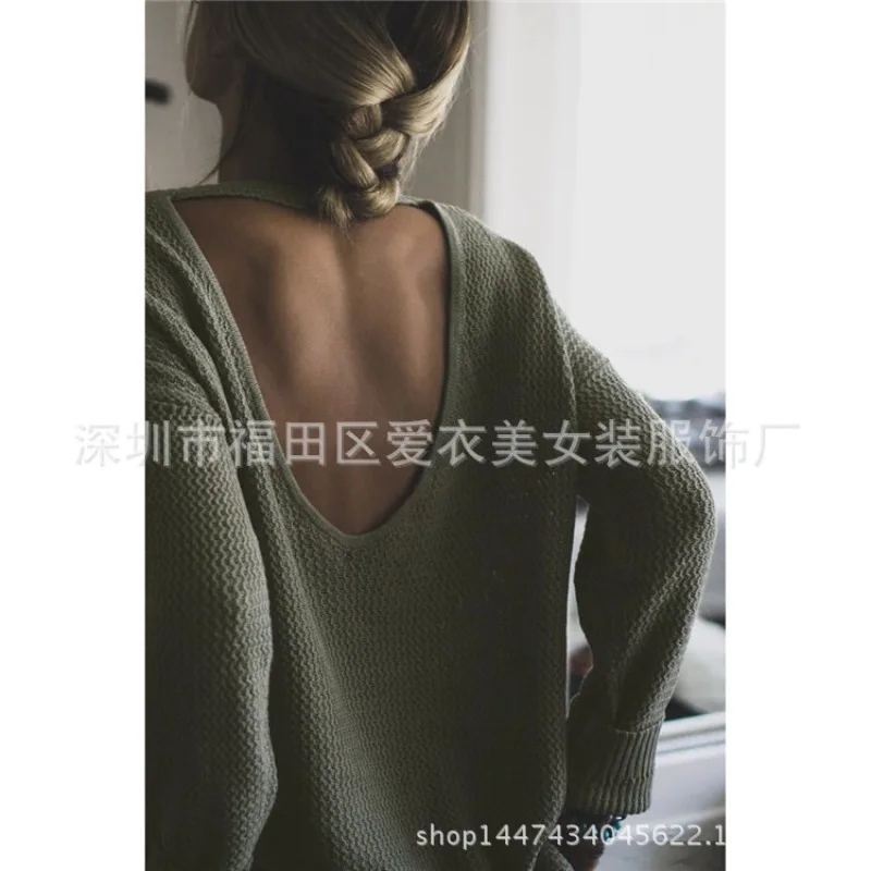 

Women's Autumn/Winter Top Sweater Knitted Solid Color Openwork Backless Irregular Pullover Simple Comfortable Loose Casual Niche