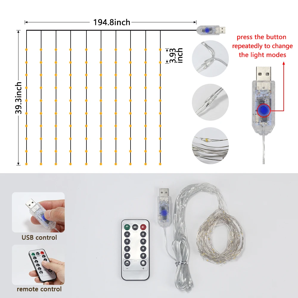 USB 5V String LED Lights com controle remoto para decoração de quartos, lâmpadas, festão, lâmpadas, fadas, quarto, casamento, Natal, feriado, festa