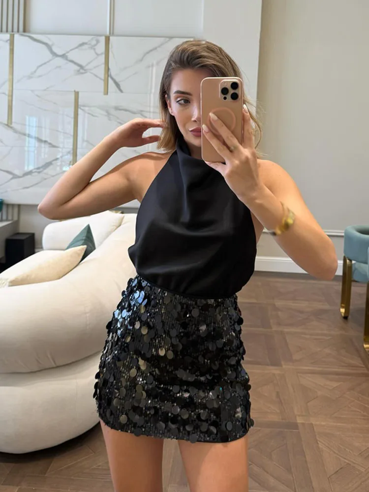 Hh mulheres verão nova moda cintura alta magro sólido lantejoulas mini saia feminina sexy hip lado zíper punk festa saia curta mujer