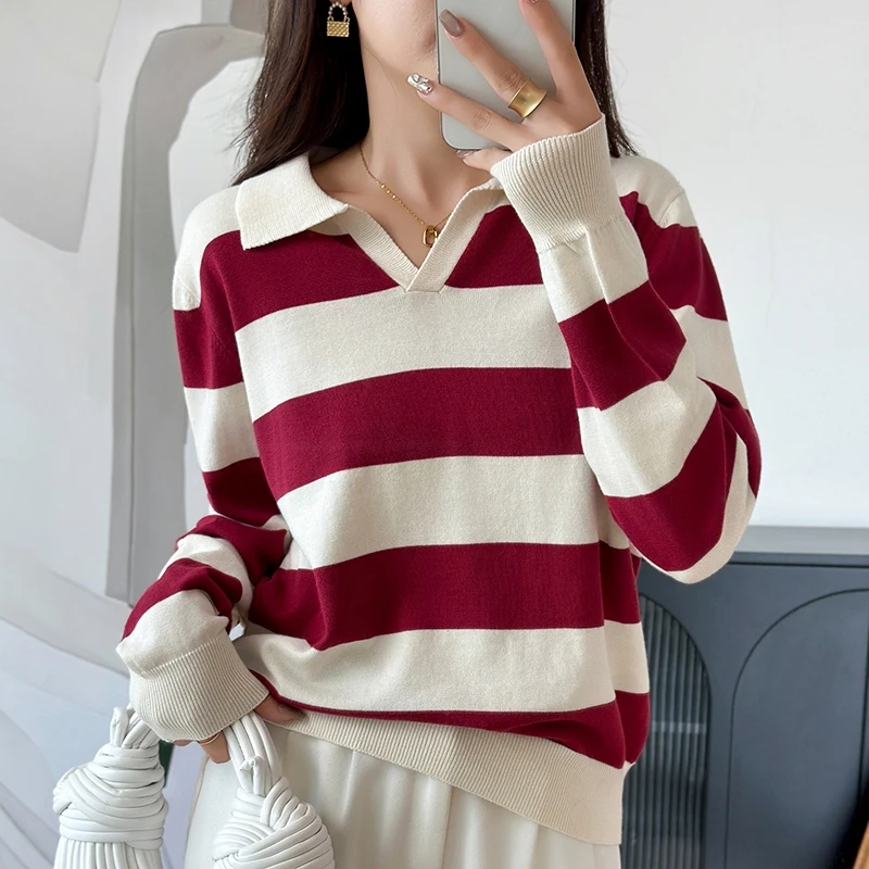Spring/Autumn 100% Cotton Women's Sweater Casual Stripe Knitted Pullover Long Sleeve Loose Polo Collar Tops Basic Pull Blouse