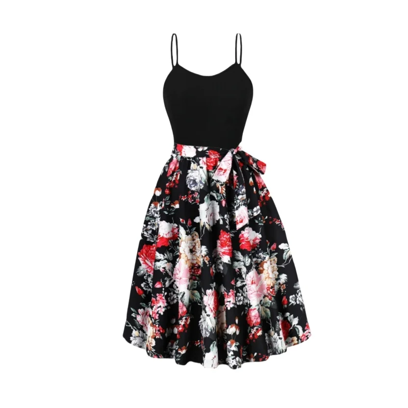 

French camisole dress for women in summer, with a sense of luxury, retro print, black slimming and waist cinching skirt