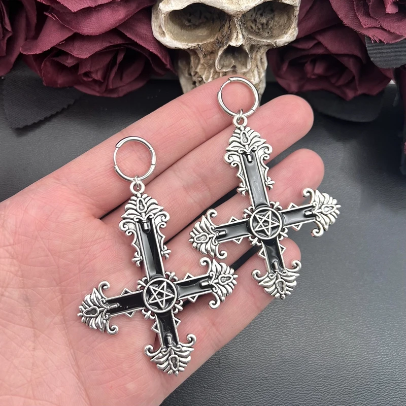 

Gothic Large Silver Colour Enamel Cross Earrings with Black Punk Hallowmas Jewellery Gorgeous Wedding Statement Women