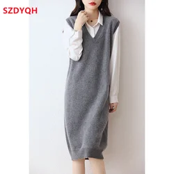 Hot Sale Autumn Winter New Women Dresses Sleeveless Long Sweater Waistcoat 100% Pure Wool Knit Pullover Lady Loose Warm Vest