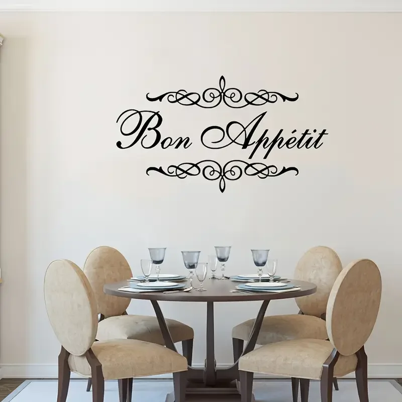 Bon Appétit French Kitchen Quote Wall Decal - Removable Self-Adhesive Vinyl Sticker with Black Lettering & Swirls, Matte Finish