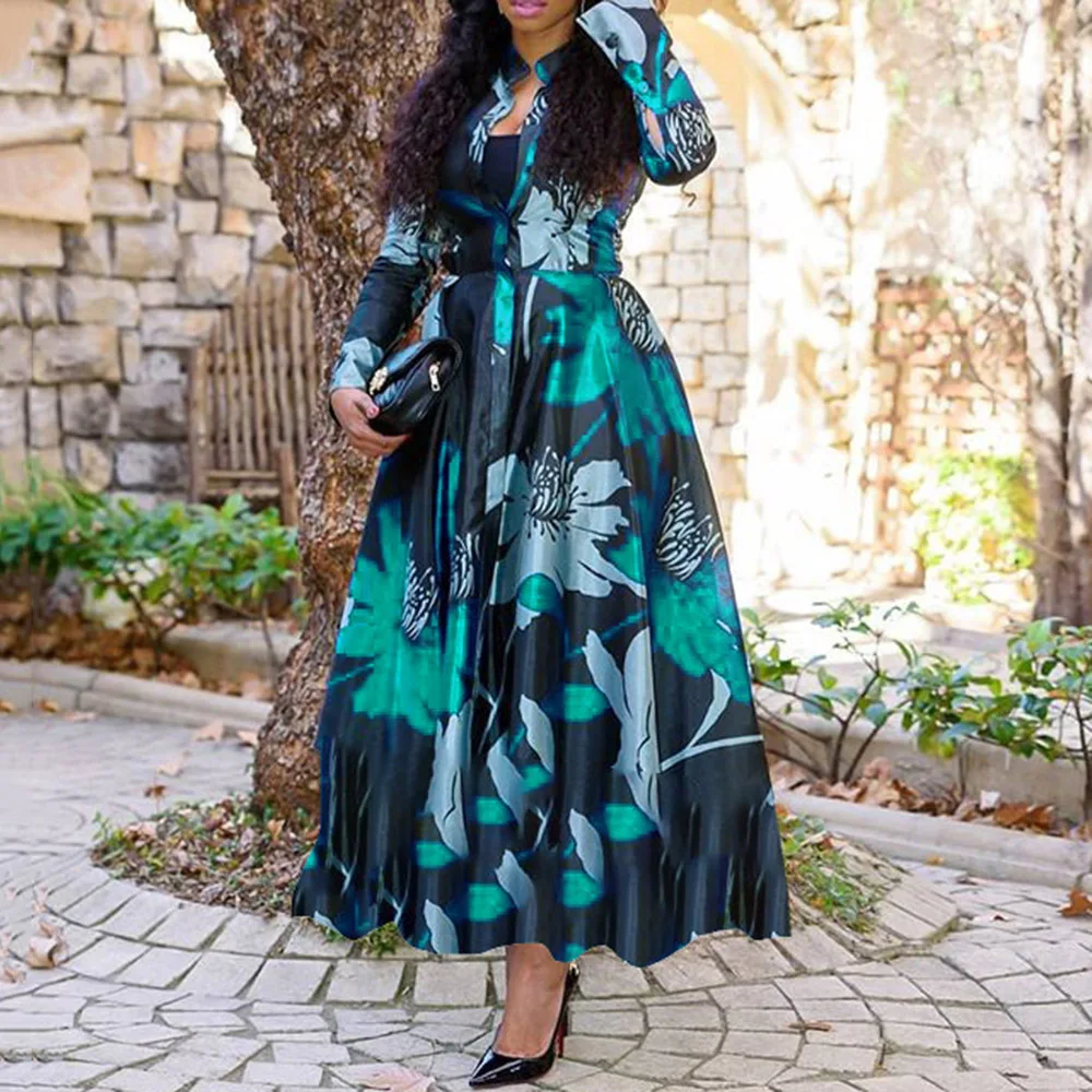 Retro Print Large Maxi Dress Women's Fashion Elegant Office Women's Long Dresses Spring Autumn Casual Long-sleeve Slim Vestidos - Image 3