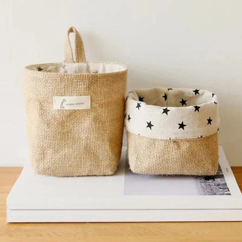 Cotton Linen Storage Basket Hanging Pocket Jute Bag Small Sack Sundries Desktop Storage Box With Handle Cosmetic Storage Bag