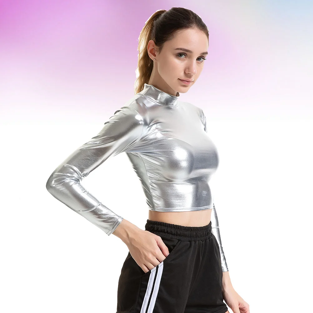 

Silver Patent Bustier Performance Costume Long Sleeve Cosplay Nightclub Stage Top for Women Size L Shiny Apparel