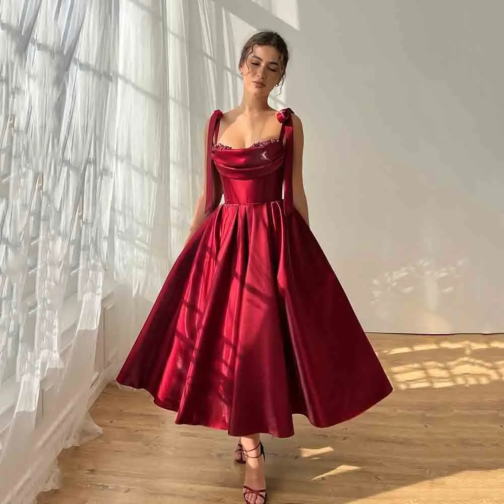 Msikoods Abendkleid aus rotem Satin, A-Linie, mit Perlen, Schleifen, Trägern, plissiert, Geburtstagskleid, Partykleid, Damen-Abendkleid, individuell gestaltet