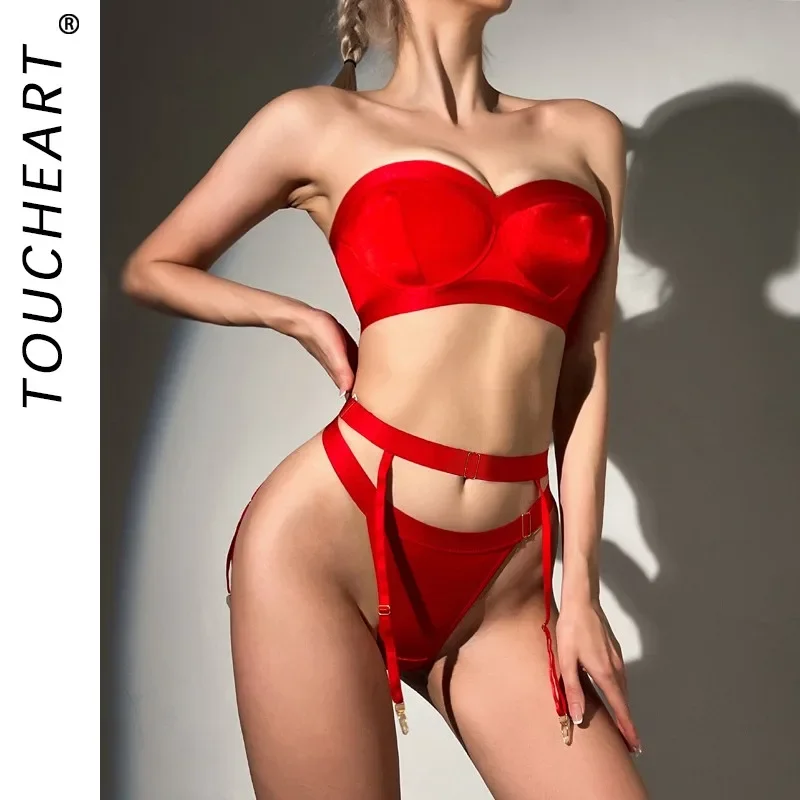 

Toucheart Sexy Lingerie Suit for Women Solid Color Zipper Strapless Waist Seal Sexy Lingerie 3-piece Set Women's Underwear Suit