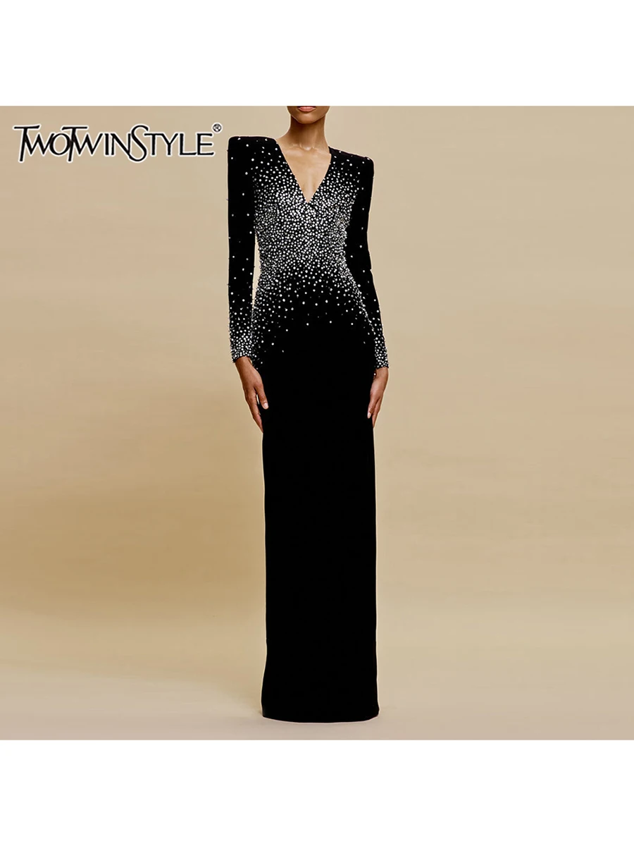 

TWOTWINSTYLE однотонные утягивающие платья с бриллиантами для женщин с v-образным вырезом и длинными рукавами, темпераментное платье с высокой талией, женская мода
