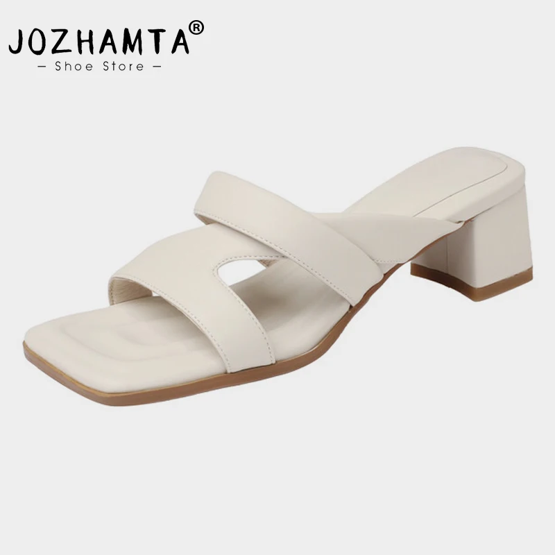 JOZHAMTA Size 34-39 Women Mules Sandals Real Leather Chunky Mid Heels Shoes 2025 Summer Ins Slides Slippers Casual Daily Dress