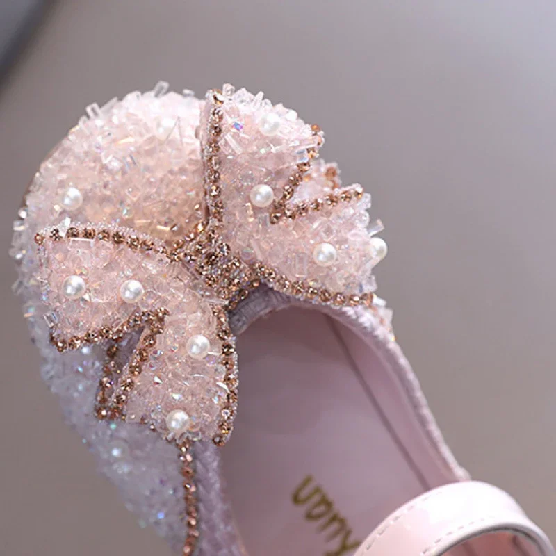 Kid Mary Jane Shoes for Girl Rhinestone Bowknot Elegant Princess Shoes for Party Wedding Soft Simple Children Flat Leather Shoes