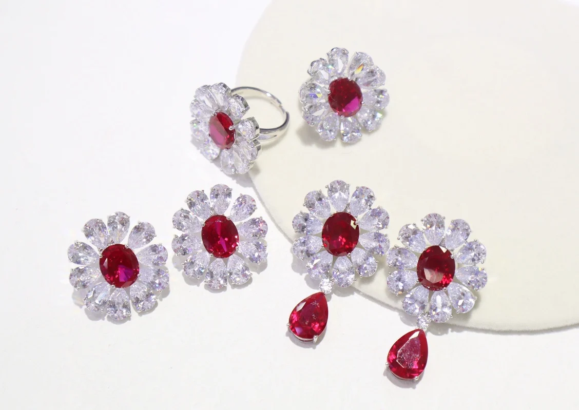 Luxury 100% 925 Sterling Silver Ruby Green Sapphire Gemstone Flower Ear Earrings Fine Jewelry For Women Anniversary Gift