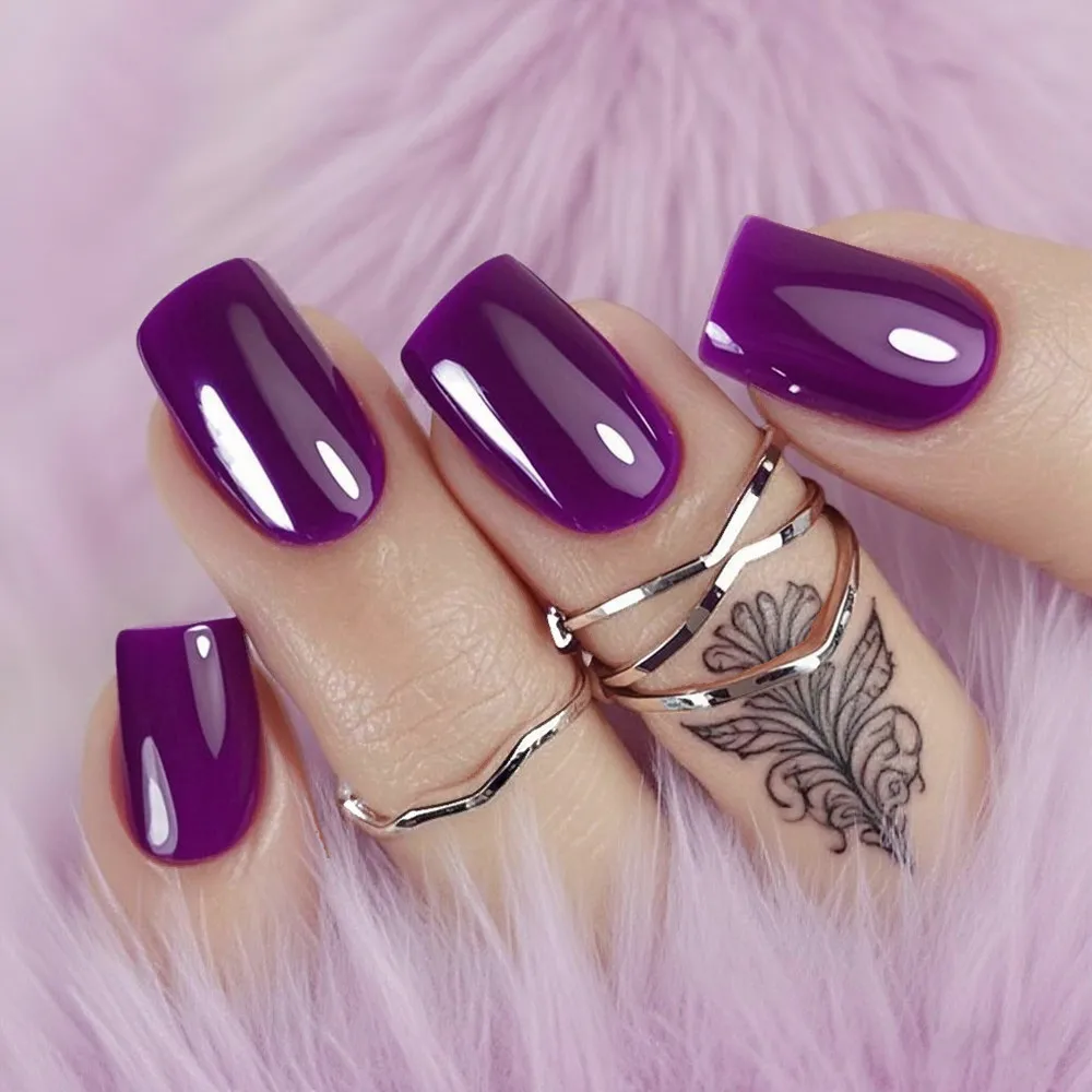 

2 Sets Dark Purple Long Fake Nails With Glue Shiny Acrylic Press On False Nails DIY Woman Finger Tips Manicure Accessory