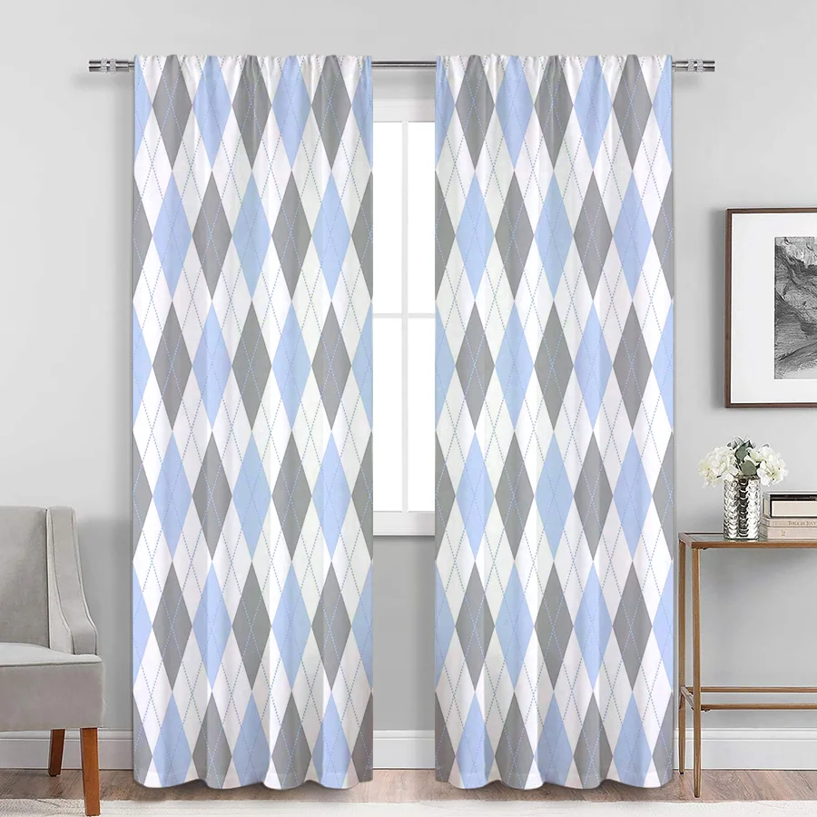 2PCS Digital Print Curtains, Light Blue Grey White Argyle Diamond Stitching, Preppy Modern for Living Room Bedroom Decor