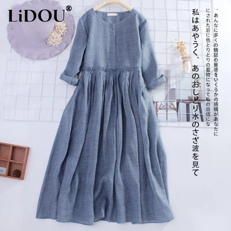 

Summer New Japan Style Solid Cotton Linen Dress Women Vintage Long Sleeve Vestidos De Fiesta Loose Casual Oversized Robe Femme