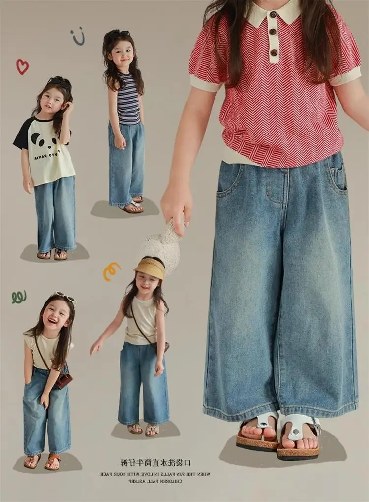 Girl Clothes Kids Clothing Summer Baggy Multi-pocket Elastic-waisted Jeans Wide-leg Pants Girls Pants For 3-7 Years