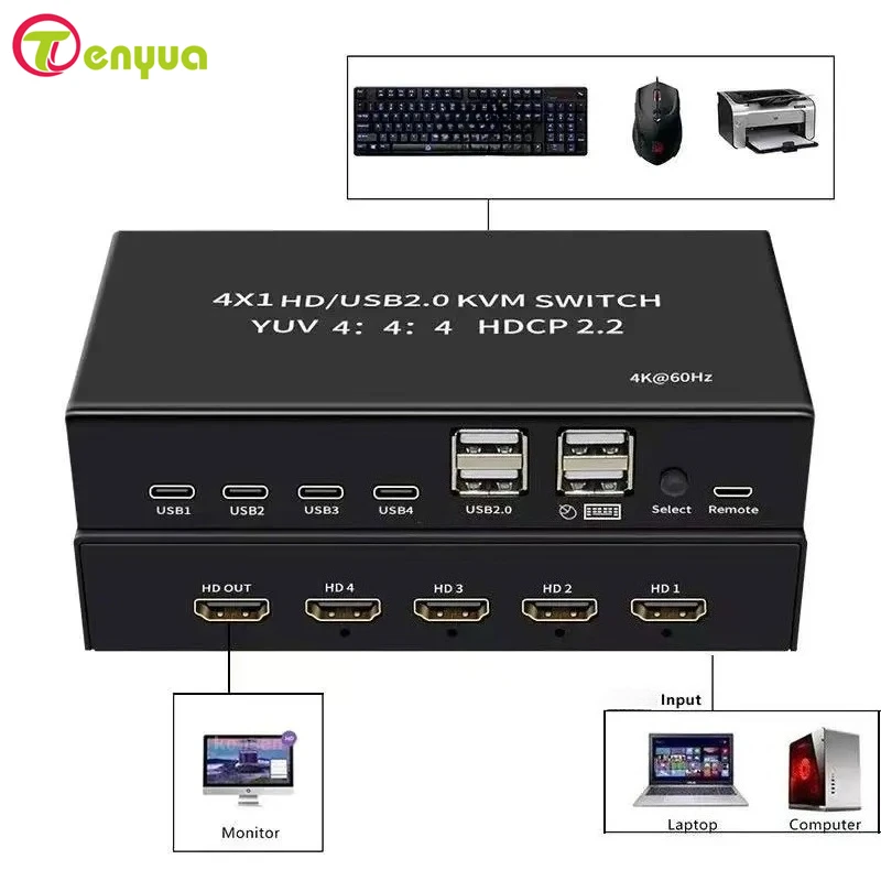 

KVM-переключатель 4K 60 Гц 4 входа/1 выход, HD-совместимый, USB, HDCP2.2, селектор 4x1 для 4 ПК, для совместного использования монитора, мыши, клавиатуры, 4 порта