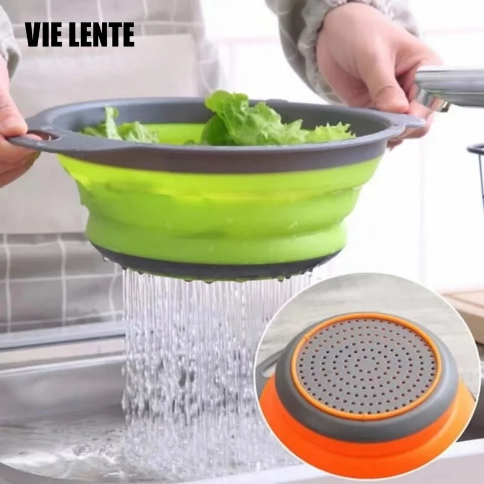 

Retractable Silicone Dishwashing Drain Basket Four Colors Optional Round Size Folding Silicone Washing Basket Fruit Basket