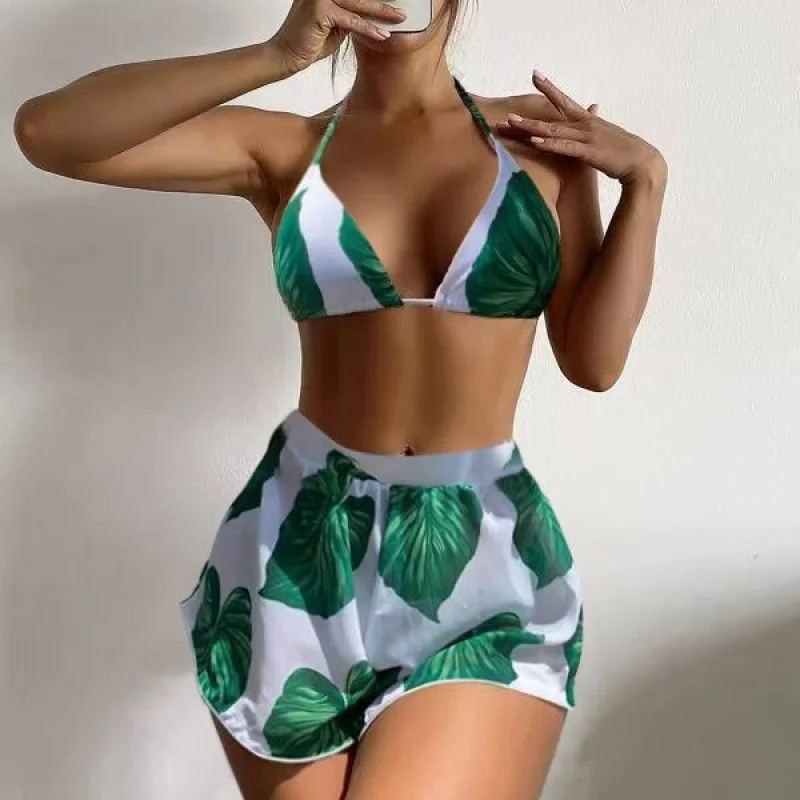 

2025 Hot Selling Three-Piece Set Printed Triangle Panties Tie-Up Bikini Sexy New Beach Vacation Swimsuit