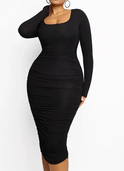

Temperament Commuting Dresses for Women Autumn 2026 New Fashion Casual Solid Square Neck Sexy Shaping Pleated Wrap Hip Dress
