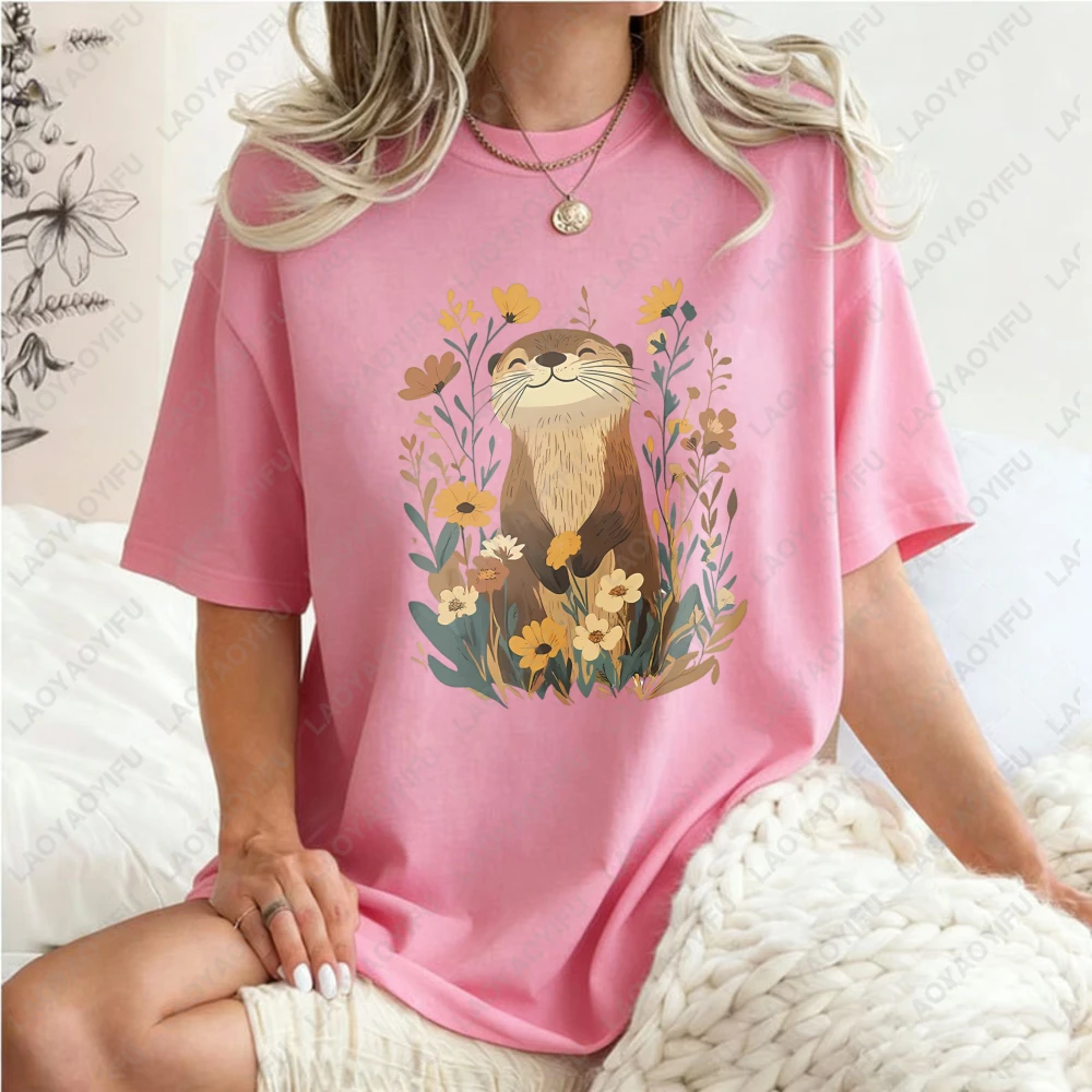 Otter Floral Design Unisex Cotton T-Shirt Nature Animal Print Casual Loose Fit Summer Fashion Trendy Top