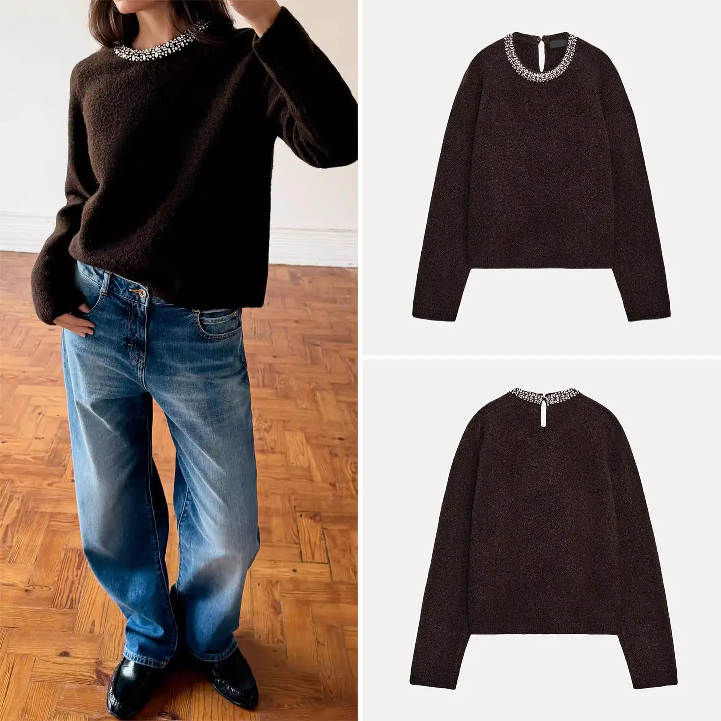

Faionable Long Sve round Ne Knitted with Beaded Jewelry Collar Z Women's Winter New Arrival 2025