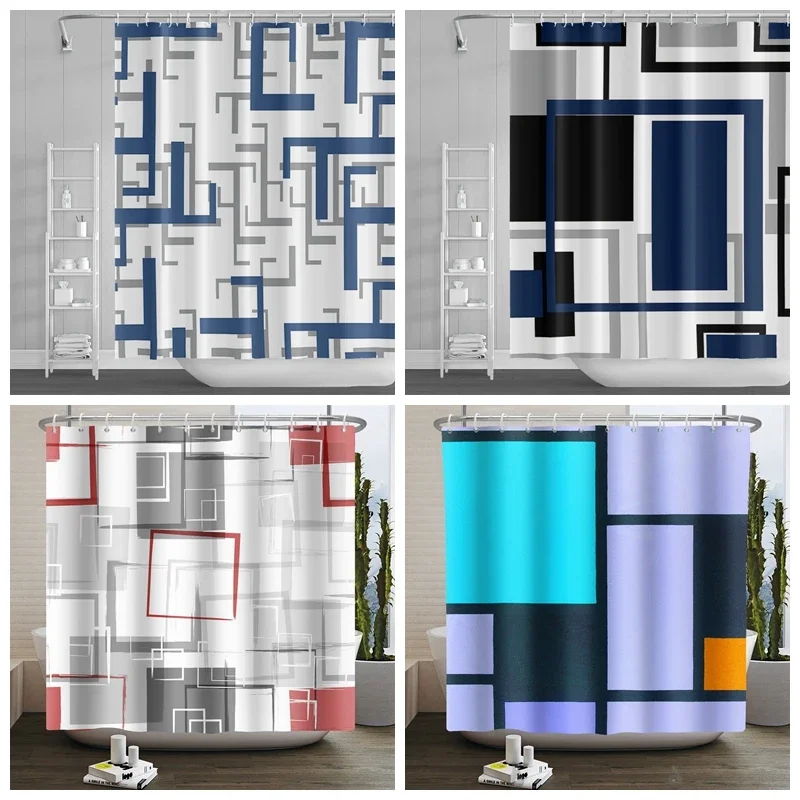 Modern Geometric Shower Curtain Blue Waterproof Shower Curtains Polyester Bath Curtain Bathroom Textured Fabric Machine Washable