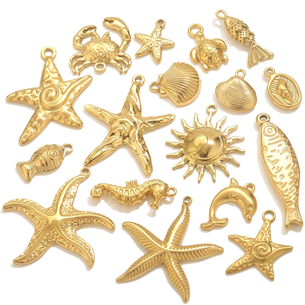 

5pcs Stainless Steel Starfish Shell Charms For Necklace Bracelet Making Marine Animals SeaHorse Fish Pendant Jewelry Accessories