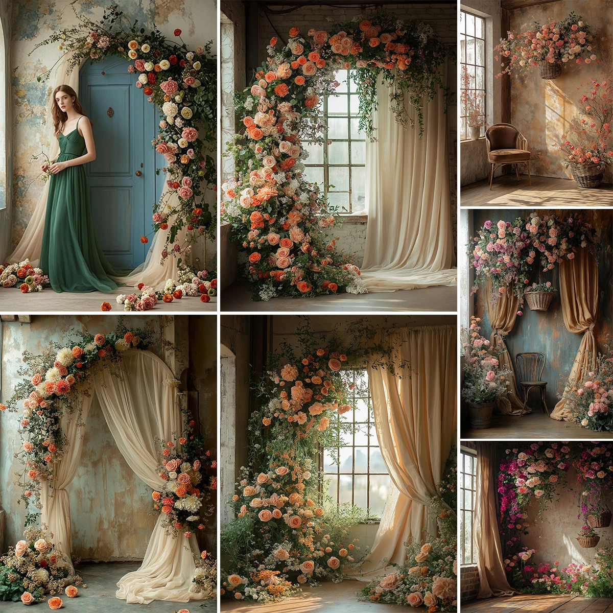 

Роза с цветочными дверями и окнами, фоны для детей и взрослых, фотография для детей и женщин, беременных, белые шторы, весенние фоны для комнаты