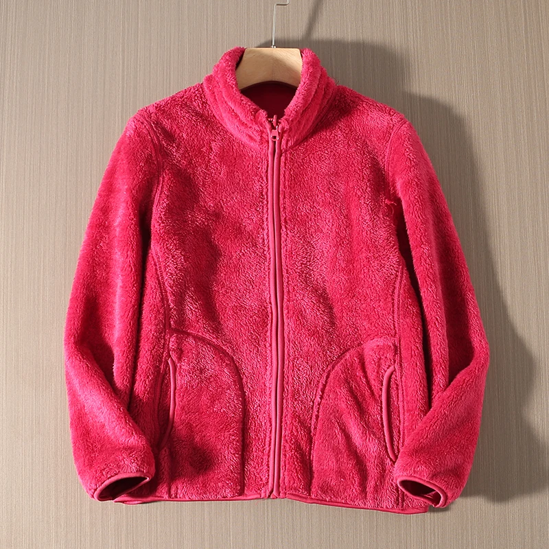 Chaqueta de Coral de Doble Cara para Mujer, Chaqueta Larga Acolchada de Algodón con Cierre de Cremallera, Cuello Alto y Cálido