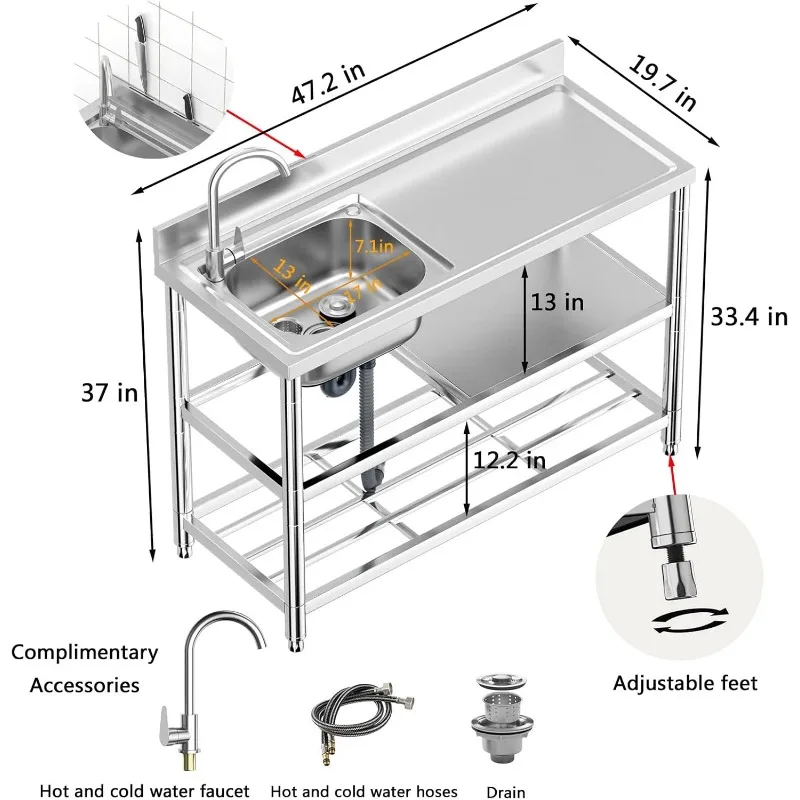 Free Standing Stainless-Steel Single Bowl Commercial Restaurant Kitchen Sink Set w/Faucet & Drainboard