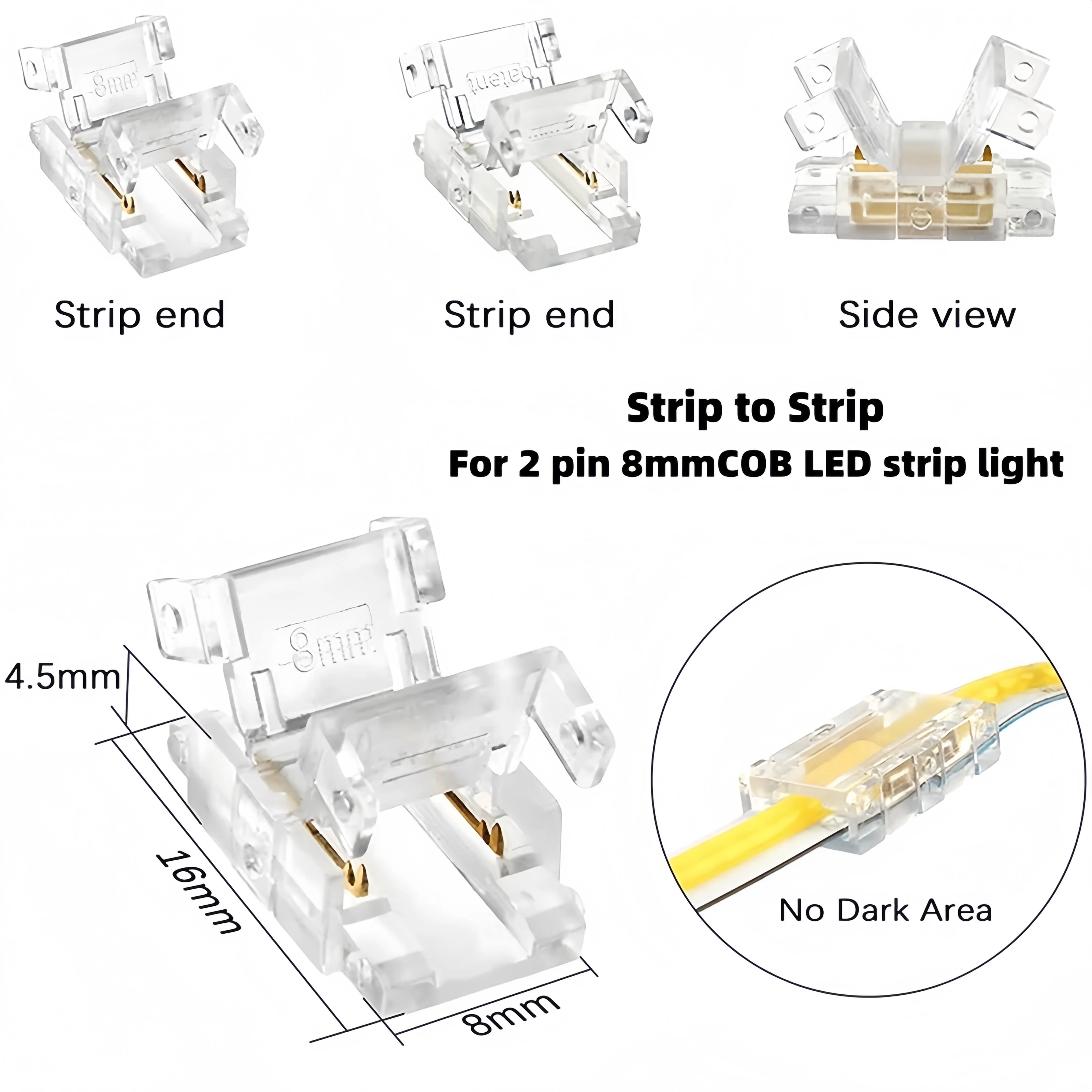 2-Pin L-förmiger 5/8/10mm Lötfreier Eckverbinder und 2-Pin 8/10mm COB LED-Verbinder Geeignet für 2-Pin COB LED-Streifen – Detail 5