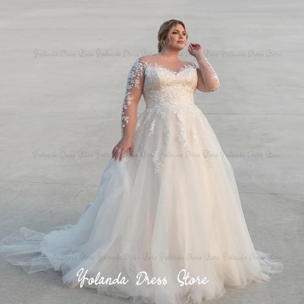 

Roseann Customized Scoop Neck Lace Applique Bride Gown 2026 Plus Size A-line Tulle Sweep Train Wedding Dresses Robe De Mariée