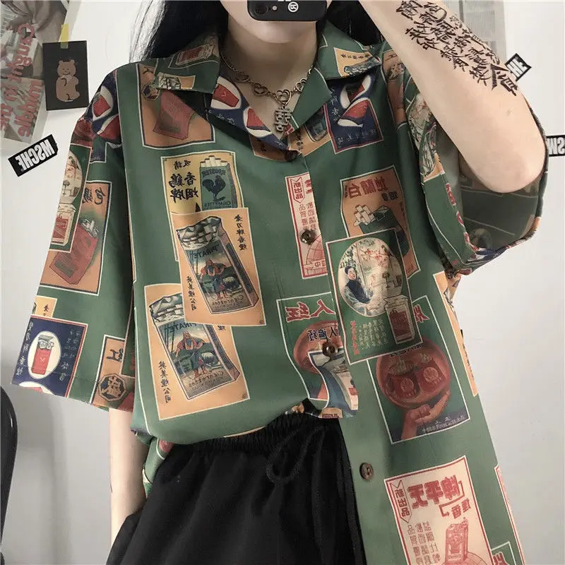 2022 Harajuku Blouses Woman Vintage Streetwear Japanese Style Cool Short Sleeve Oversized Button Up Shirt Alt Clothes Fashion