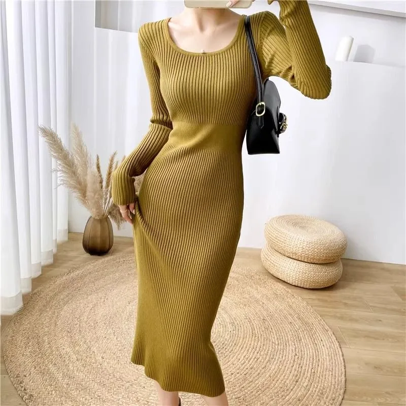 Knitted Dress Women Spring Autumn New Long-sleeved Tight-fitting Hip-hugging Outer Skirt