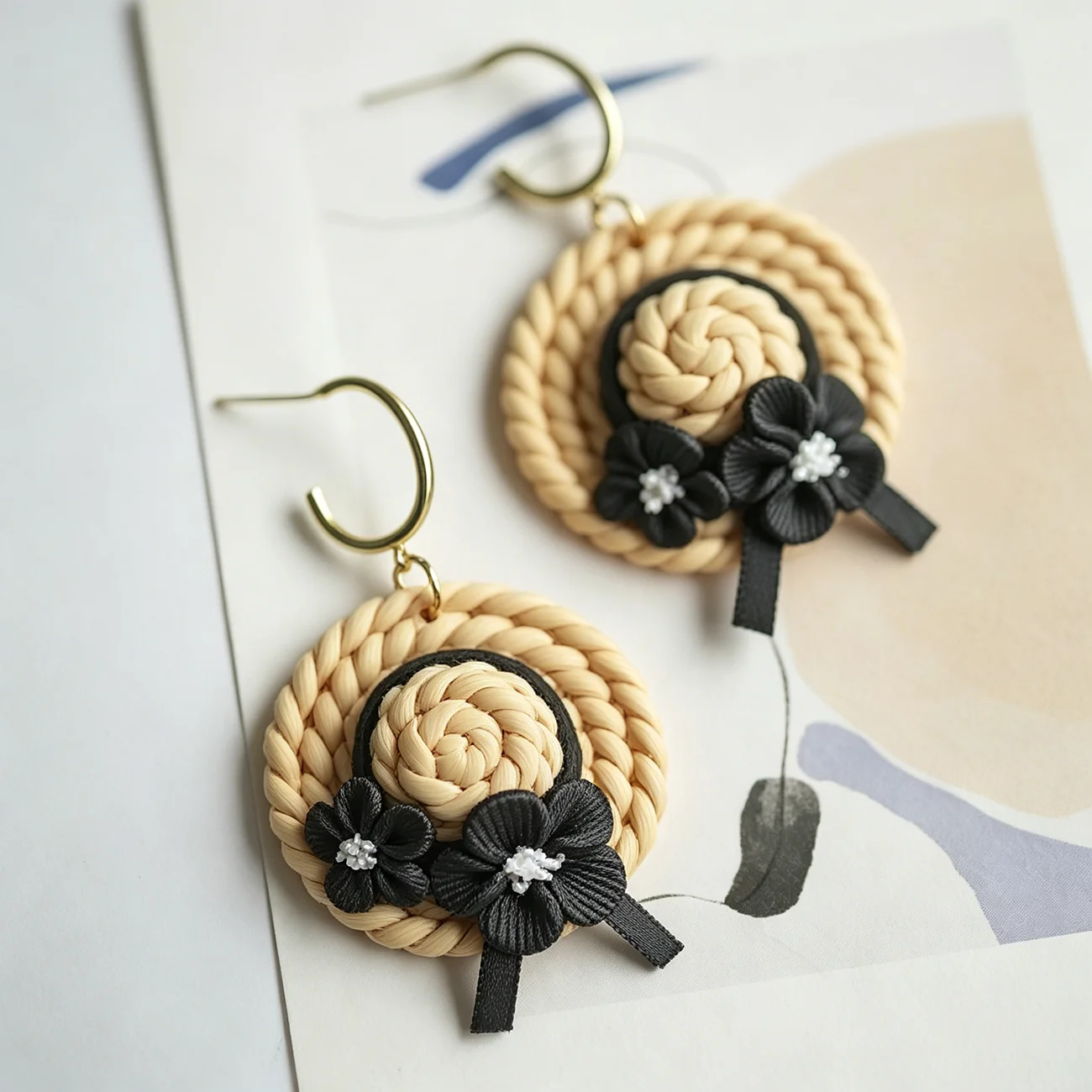 Trendy Fashion Black White Tan Polymer Clay Cute Earrings Long Slim Hat Strips Fun Accessory for Women Jewelry for Holiday Wear
