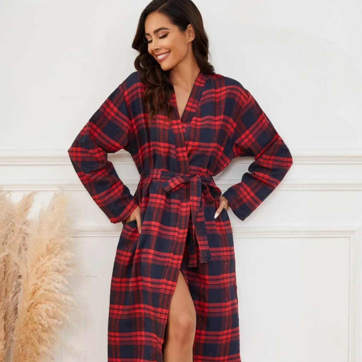 Spring Autumn Checkered Sleepwear Women's Sexy Robe Cotton Bathrobe Kimono Gown Loose Casual Home Wear Long Sleeves Nightwear