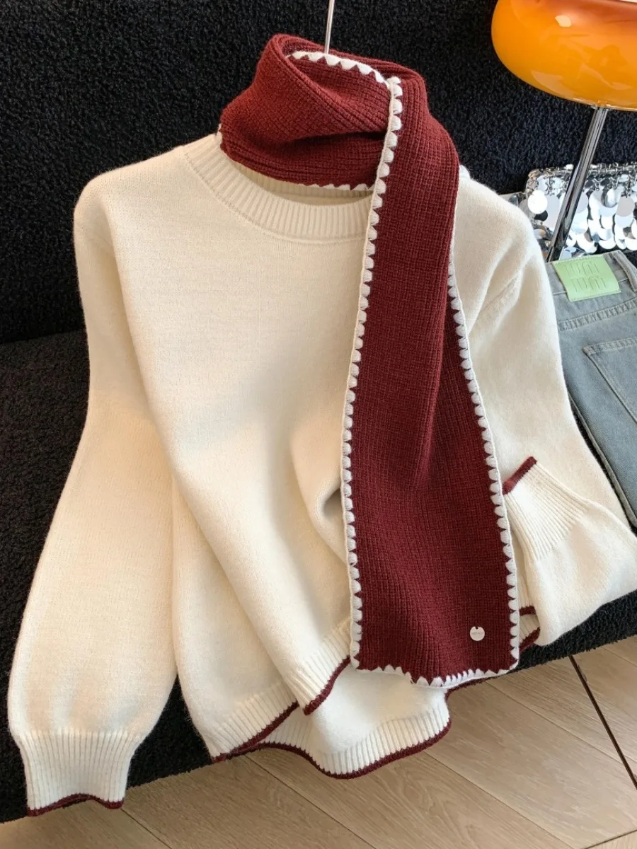 ชุดเสื้อถักไหมพรมทรงหลวมพร้อมผ้าพันคอสำหรับผู้หญิง สไตล์เกาหลี รุ่นใหม่ล่าสุดสำหรับฤดูหนาว แขนยาว