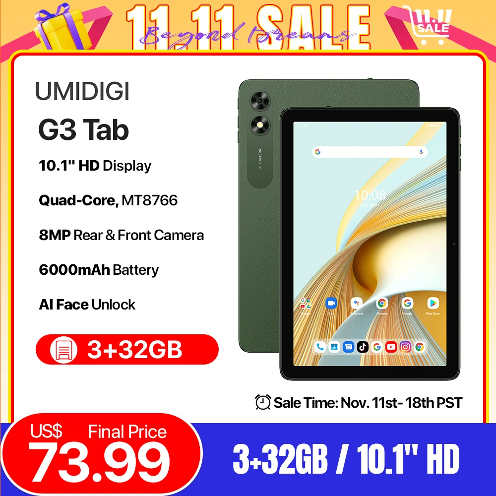 UMIDIGI G3 Tab Android 13 Smart tablet 10.1" HD Display MTK 8766 3GB 32GB Al face unlock 4G LTE SIM 6000mAh Mega Battery 10W