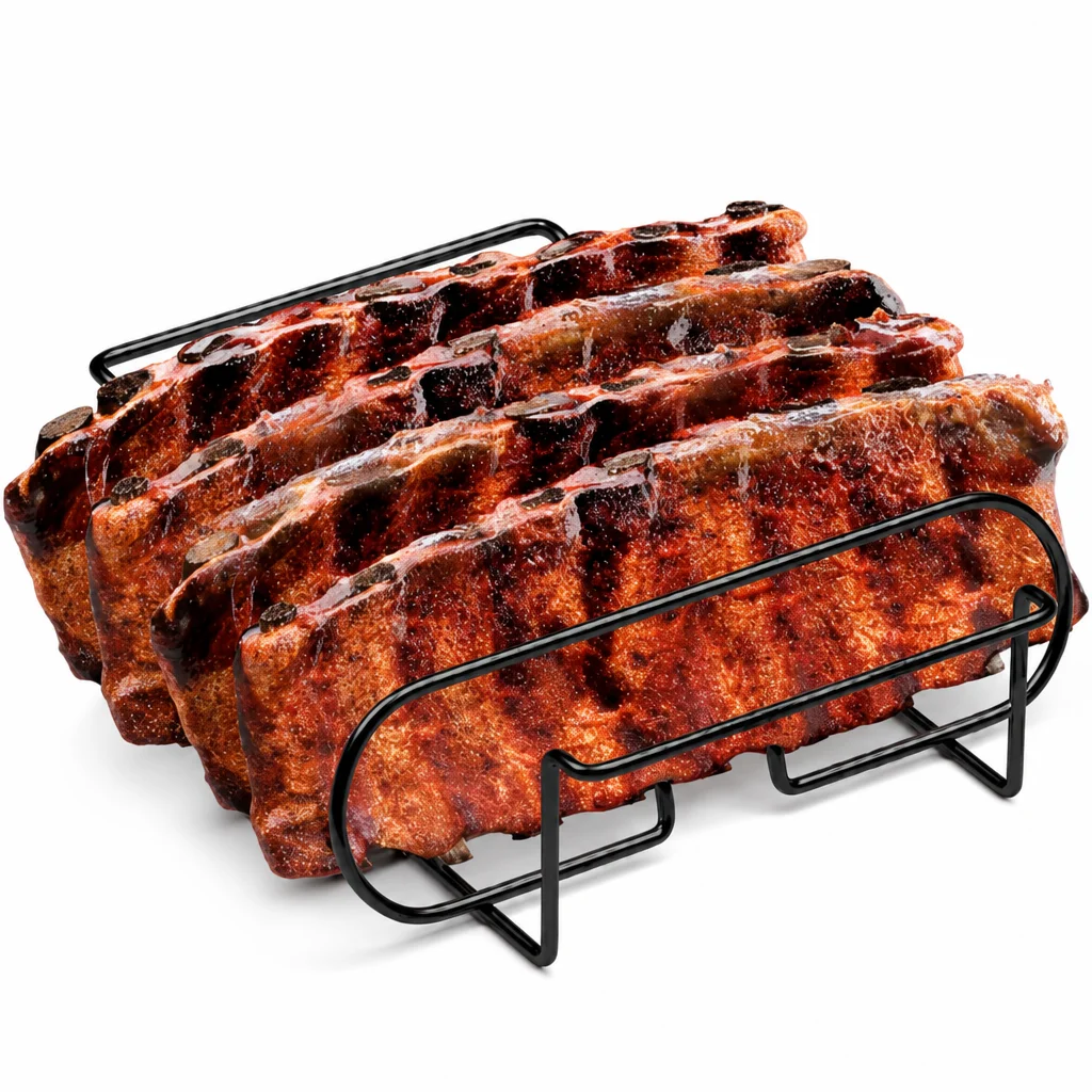 LMETJMA BBQ Rib Racks Non-Stick Coated Steel Roasting Barbecue Meat Roasting Grilling Stand Holds 4 Rib Rack For Gas Grill JT25t