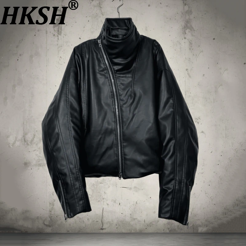 HKSH Autumn Winter New Men Dark Waste Land Asymmetric Diagonal Zipper PU Leather Down Jacket Tide Loose Casual Warm Coat HK16704