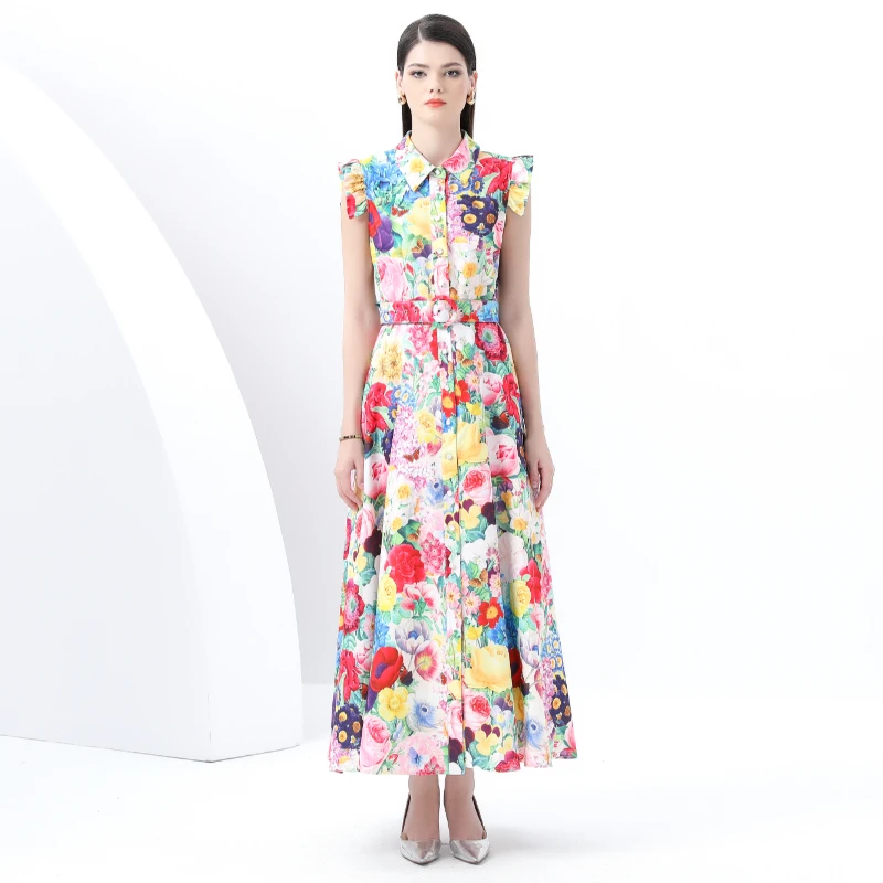 

Summer Women Vintage Palace Print Flying Sleeve Long Maxi Seaside Beach Dresses With Belt