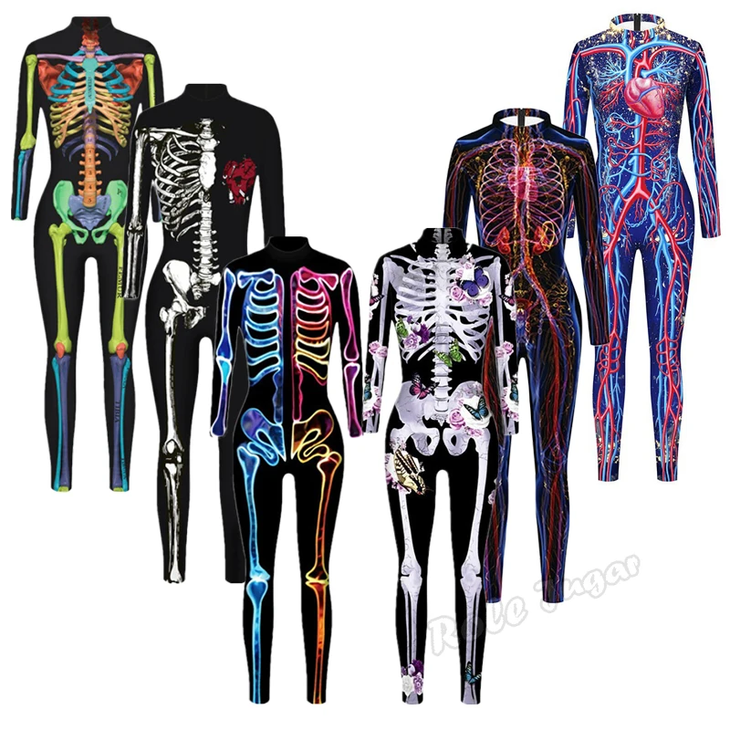 Carnival Party Scary Skeleton Jumpsuit Costume For Women Funny 3D Printed Zentai Romper Cosplay Halloween Outfit Role Jugar